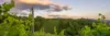 Eine Stromleitung in Weinbergen mit blauem Himmel und Wolken.