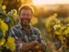 Winzer steht im Weinberg bei Sonnenuntergang