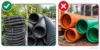 Vergleich zulässiger und nicht zulässiger Schutzrohre für Hausanschlüsse: links schwarze Schutzrohre mit grünem Haken, rechts orange und grüne Abfluss- bzw. Kanalrohre mit rotem Kreuz.